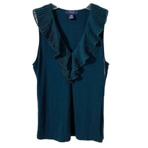 Chaps Sleeveless V-Neck Pleated Ruffled Bodice and Collar Tank Top Dark Topaz